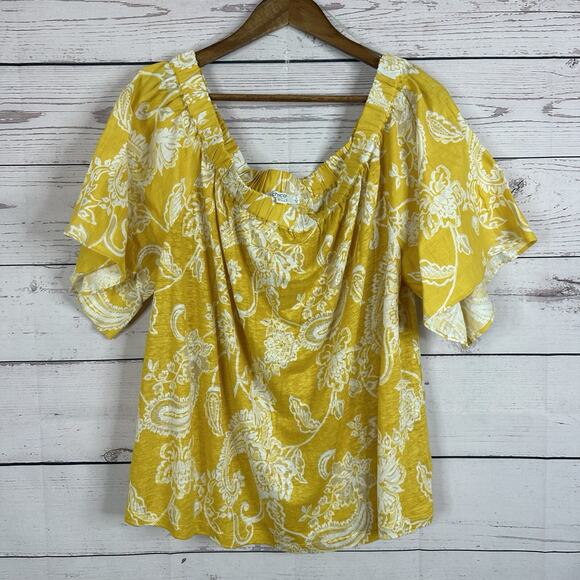 Chico's Tops - Chicos Shirt Top Womens XL Yellow Linen Floral Off Shoulder Boho Tropical Resort